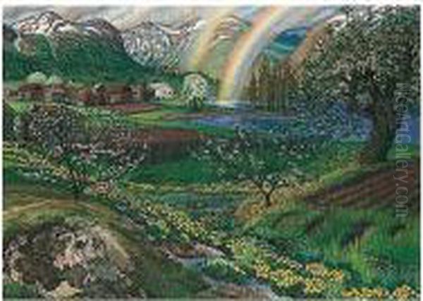 Soleier Og Regnbue (buttercups And Rainbow) Oil Painting by Nikolai Astrup