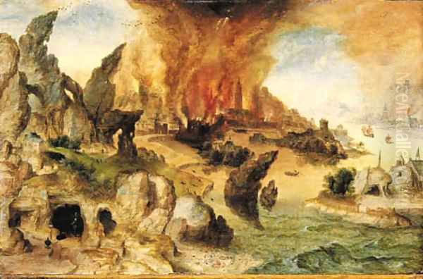 A mountainous landscape with Lot and his Daughters, the Destruction of Sodom and Gomorrah beyond Oil Painting by Herri met de Bles