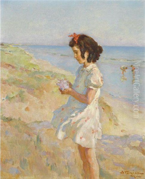 Girl On The Beach Oil Painting by Charles Garabed Atamian