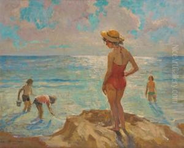 Enfants A La Plage Oil Painting by Charles Garabed Atamian