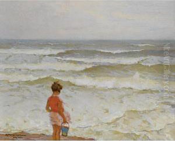 Girl By The Seashore Oil Painting by Charles Garabed Atamian