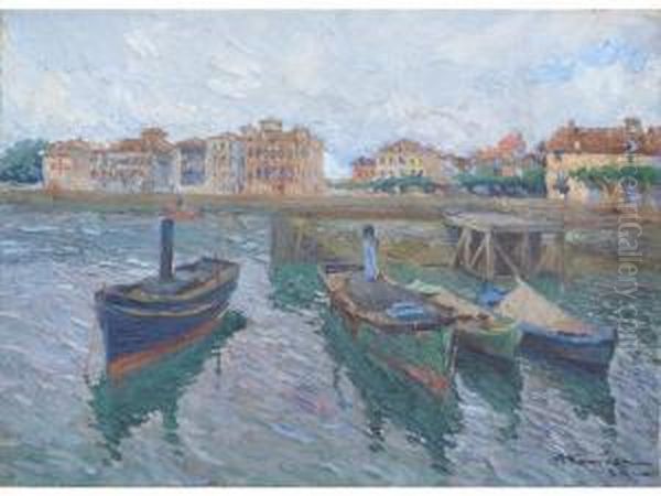 Saint-jean-de-luz, Bateaux A L Appontement Oil Painting by Charles Garabed Atamian