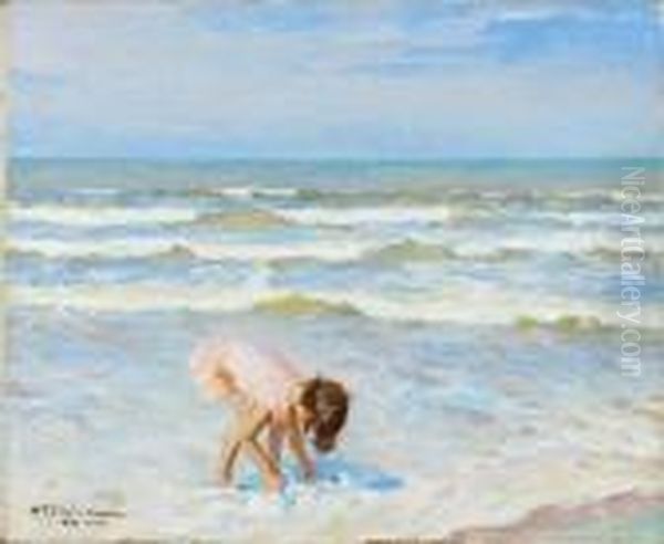 Petite Fille Dans Les Vagues, Saint-gilles (vendee) Oil Painting by Charles Garabed Atamian