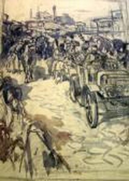 Military Jeeps, Soldiers And 
Refugees With Camels In A Column And A Mosque In The Distance; Black 
Chalk With Touches Of Watercolour, Bears Cachet De Vente, 55x39cm Oil Painting by Charles Garabed Atamian