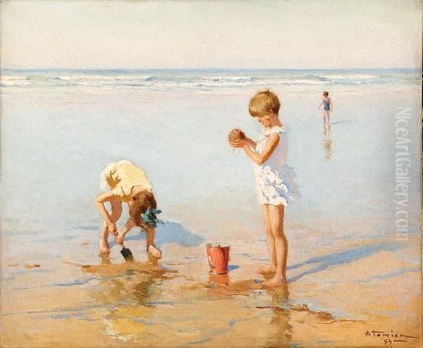 Enfants A La Plage Oil Painting by Charles Garabed Atamian