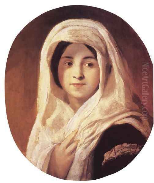 Portrait of a Woman with Veil 1846-50 Oil Painting by Karoly Brocky