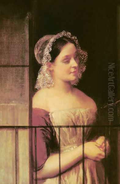 Ablaknal allo no, 1850 Oil Painting by Karoly Brocky