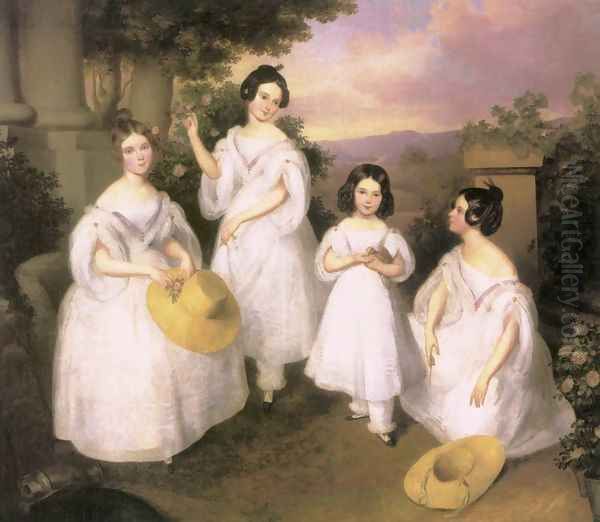 The Daughters of István Medgyasszay c. 1833 Oil Painting by Karoly Brocky