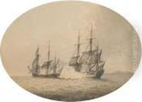 Moored Boats In A Harbour; Encounter At Sea Oil Painting by Samuel Atkins