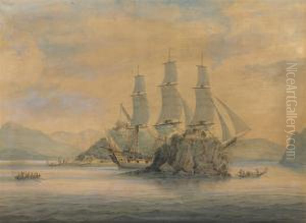 An East Indiaman Passing The Forts At The Boca Tigris, China Oil Painting by Samuel Atkins