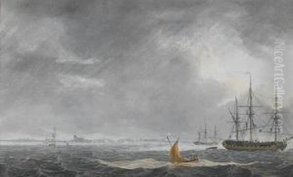 Shipping At Anchor In The Thames Estuary Oil Painting by Samuel Atkins