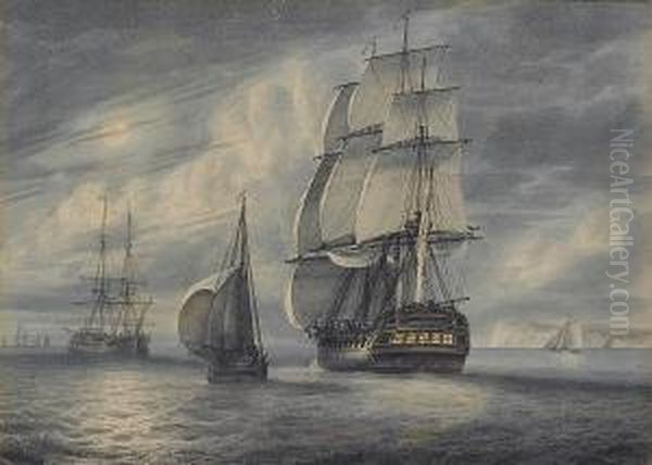 A Frigate Running Down The 
Channel Past A Cutter, With Other Ships Of The Fleet At Anchor Ahead Of 
Her Oil Painting by Samuel Atkins