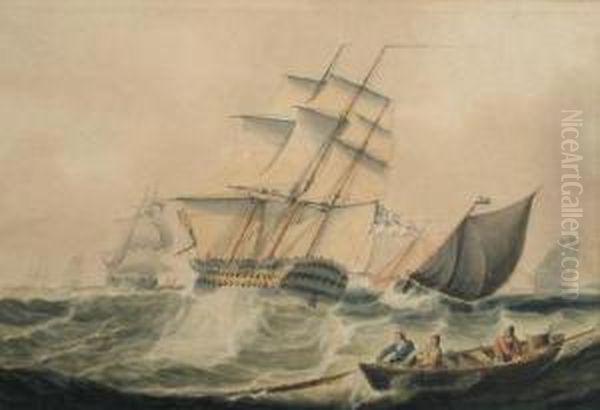 A Second Rate Frigate Of The 
White In A Storm With Arowing Boat In The Foreground Watercolour 25 X 37
 Cm Oil Painting by Samuel Atkins