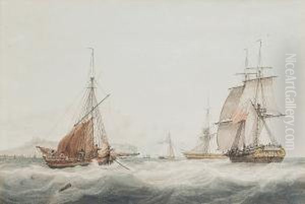 A Brig Running Up The Channel 
Amidst Other Vessels In The Straits Of Dover, With Dover Castle On The 
Clifftop Beyond Oil Painting by Samuel Atkins