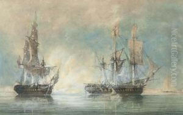 The Finale Of An Anglo-french Frigate Action Of The Napoleonic Wars Oil Painting by Samuel Atkins