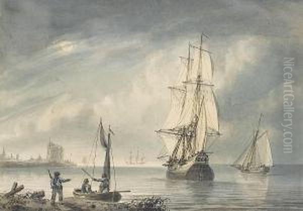 A Bilander And Smaller Craft 
Offshore In A Light Breeze, With An Anchored Three-master Beyond; A 
Frigate Preparing To Anchor In A Swell, With Other Vessels Riding Out 
The Heavy Weather Nearby Oil Painting by Samuel Atkins