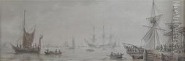 View Of A Harbour With Vessels Unloading And Other Ships Moored Oil Painting by Samuel Atkins