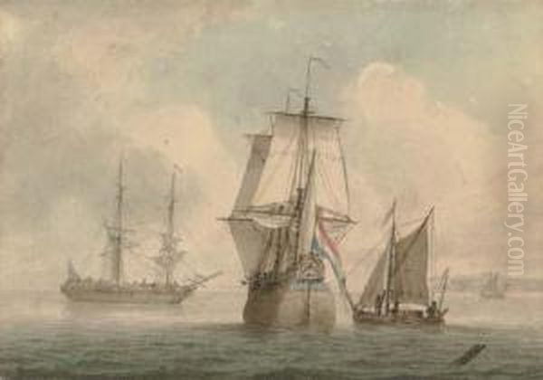 Shipping Becalmed Off The Coast Oil Painting by Samuel Atkins