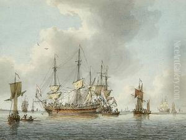 Vessels At Anchor Taking On Stores Oil Painting by Samuel Atkins