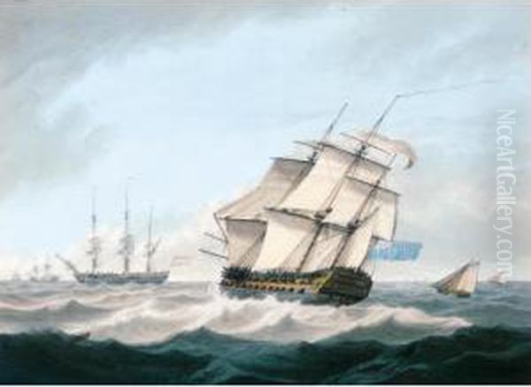 A 5th Rate Of The Blue Squadron And Other Shipping In A Breeze Oil Painting by Samuel Atkins