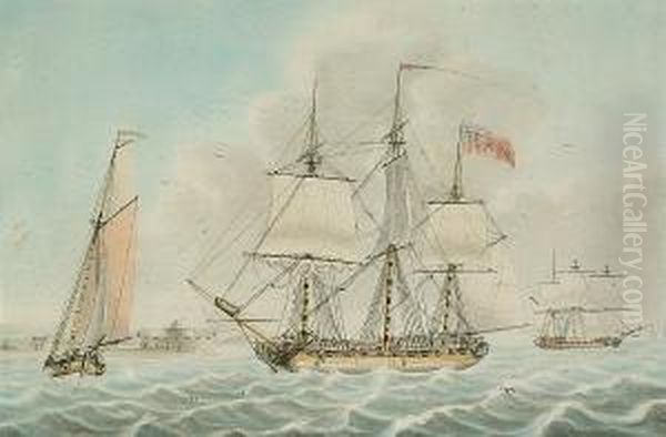 A Royal Navy Frigate Off A Coastline Oil Painting by Samuel Atkins