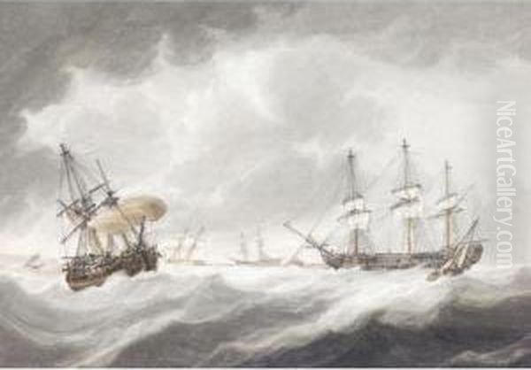 Shipping On A Stormy Sea Oil Painting by Samuel Atkins