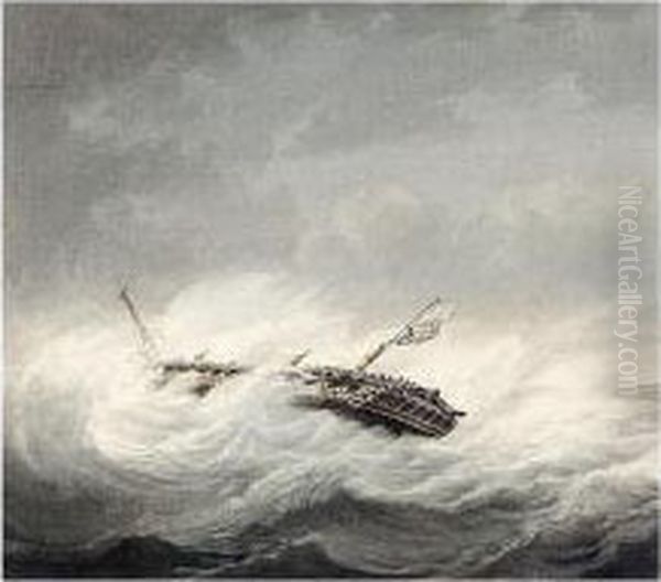 A Dismasted Warship In A Storm Oil Painting by Samuel Atkins