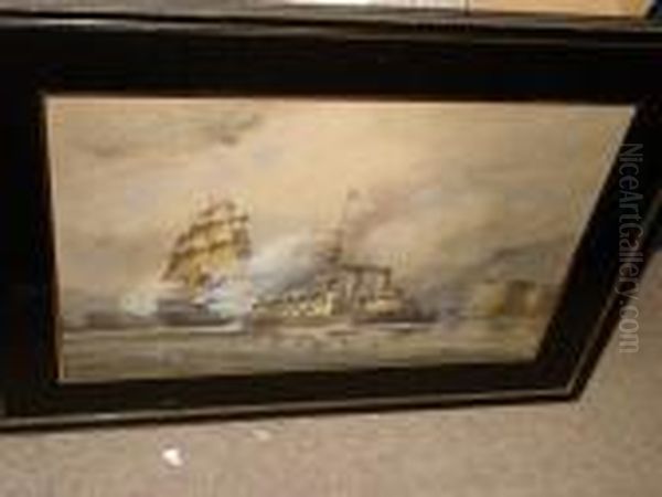 H.m.s. Trafalgar Leaving Portsmouth Harbour Oil Painting by William Edward Atkins