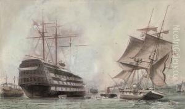 H.m.s. Victory Lying On Her Permanent Mooring In Portsmouth Harbour Oil Painting by William Edward Atkins