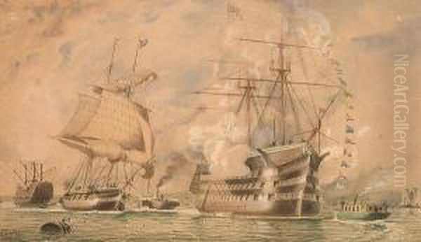 Ships Of The Line And A Steam Vessel, Possibly Portsmouth. Oil Painting by William Edward Atkins