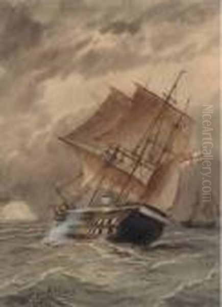 A Royal Naval Two-decker Heeling In The Breeze Oil Painting by William Edward Atkins