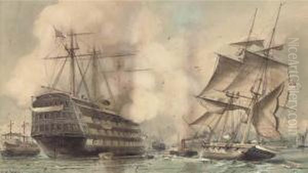 H.m.s. Victory Saluting A Royal 
Navy Brig Being Towed Past The Oldflagship's Permanent Mooring Into 
Portsmouth Harbour Oil Painting by William Edward Atkins