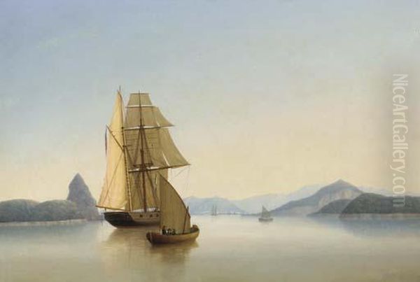 An Armed British Brig Becalmed In The Approaches To Rio De Janeiro,brazil Oil Painting by George Mounsey Wheatley Atkinson