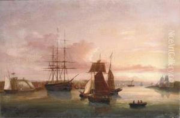 Merchantmen, Sail And Steam, Lying In Cork Harbour At Sunset Oil Painting by George Mounsey Wheatley Atkinson