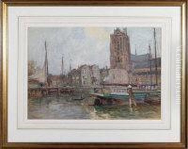 The Barge Adriana At Moorings Near Bruges Cathedral Oil Painting by John Atkinson