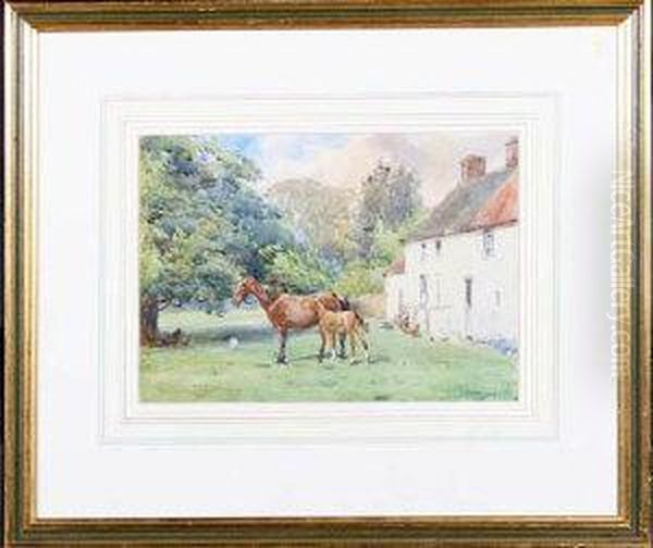 A Mare And Foal In The Meadow Beside A White-washed Farmhouse Oil Painting by John Atkinson