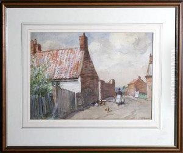 A Back Street In Glaisdale, North Yorkshire, With A Woman And Poultry In The Foreground Oil Painting by John Atkinson