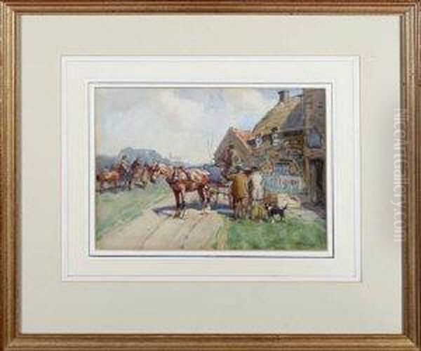 A Horse And Trap Outside The Horse Shoe Inn Oil Painting by John Atkinson