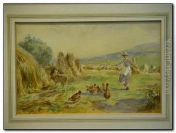 Chickens And Farm Girl In A Harvest Field Oil Painting by John Atkinson