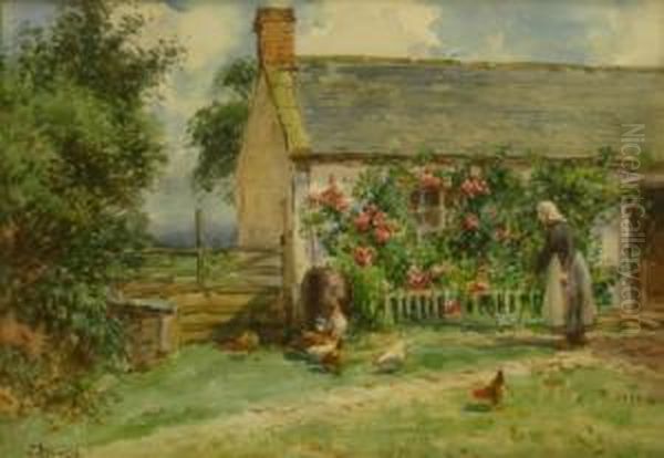 Cottage At Hinderwell - Feeding The Hens Oil Painting by John Atkinson