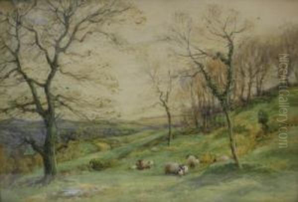 Sheep On A Wooded Hillside Oil Painting by John Atkinson