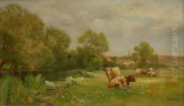 Cattle In Pastoral Landscape Oil Painting by John Atkinson