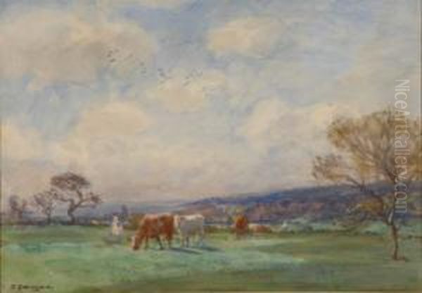 Yorkshire Landscape With Grazing Cattle Oil Painting by John Atkinson