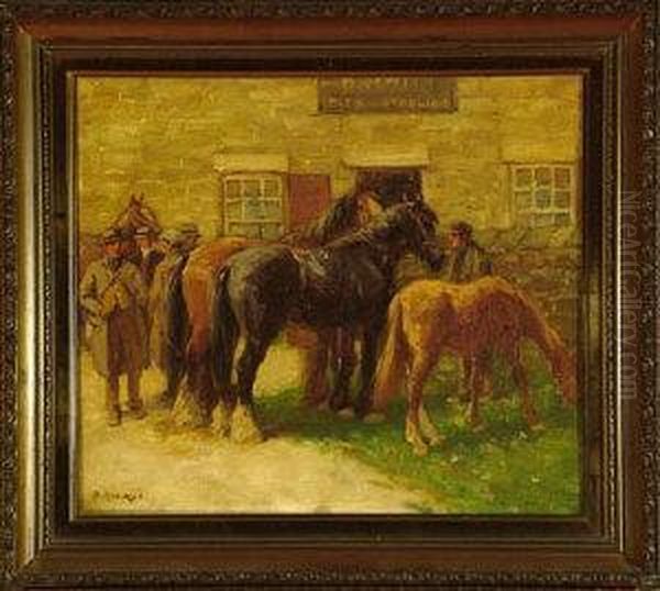 Horse Traders In The Yard Of A Yorkshire Inn Oil Painting by John Atkinson