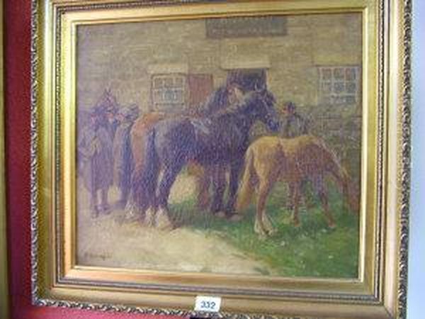 Horse Traders In The Yard Of A Yorkshire Inn Oil Painting by John Atkinson