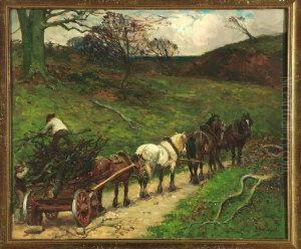 Lumbermen Loading Branches Onto A Four-team Cart Oil Painting by John Atkinson