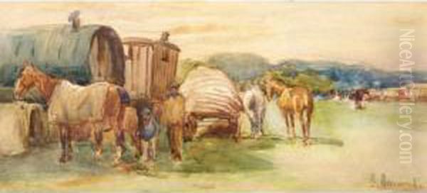 Gypsy Caravans And Horses Oil Painting by John Atkinson