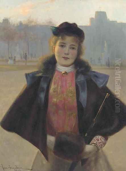 Portrait of a young woman, three quarter length, in a winter park with fur cape, muff and hat Oil Painting by Jean Beauduin