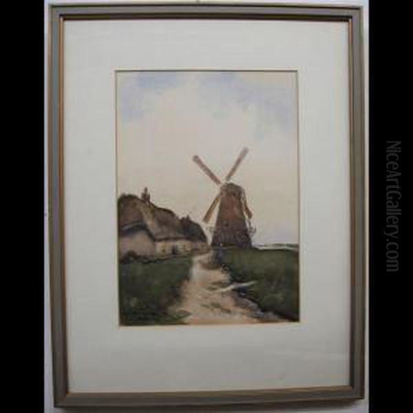 Figure With Ducks By Cottages And Windmill Oil Painting by William Edwin Atkinson