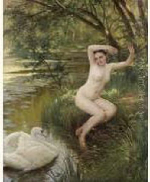 Jeune Femme Effrayee Par Un Cygne Oil Painting by Albert Aublet